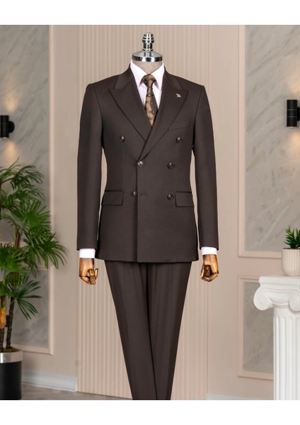 Italyan Stil Slim Fit Kruvaze Ceket Pantolon Takım Elbise Kahverengi T14857