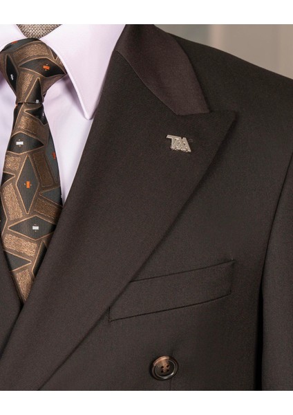 Italyan Stil Slim Fit Kruvaze Ceket Pantolon Takım Elbise Kahverengi T14857 modelleri