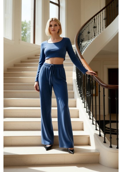 Kadın Alt Üst Koyu Yumoş Örme Crop ve Geniş Paça Pantolon Takım Fonksiyonel Dayanıklı Kaliteli Şık