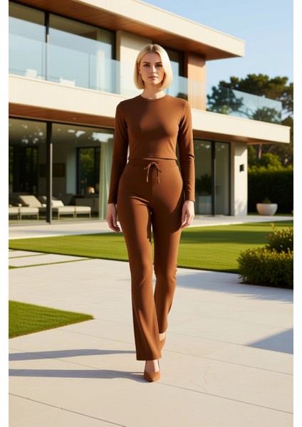 Kadın Alt Üst Düz Renk Fit Kesim Uzun Kollu Crop Üst Rahat Kalıp Geniş Paça Örme Pantolon Takımı fiyatları