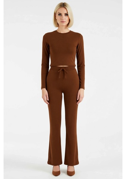 Kadın Alt Üst Düz Renk Fit Kesim Uzun Kollu Crop Üst Rahat Kalıp Geniş Paça Örme Pantolon Takımı fırsatları