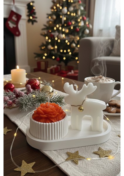 Kış Rüyası Yılbaşı Temalı 2'li Dekoratif Mum Seti (Geyik ve Kırmızı Gül)