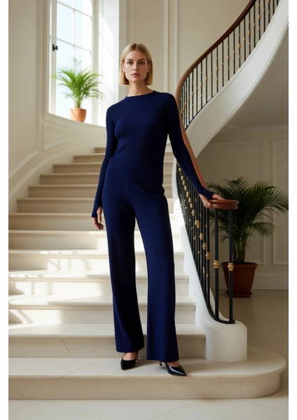 Kadın Alt Üst Fitilli Triko Alt Üst Takım Parmak Detaylı Uzun Kollu Bisiklet Yaka Konforlu Kombin