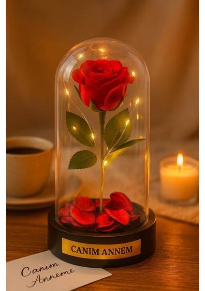 Annelere Özel Dekoratif Hediye Mika Fanus Içinde canım Annem Yazılı LED Işıklı Yapay Kırmız GÜL 20CM
