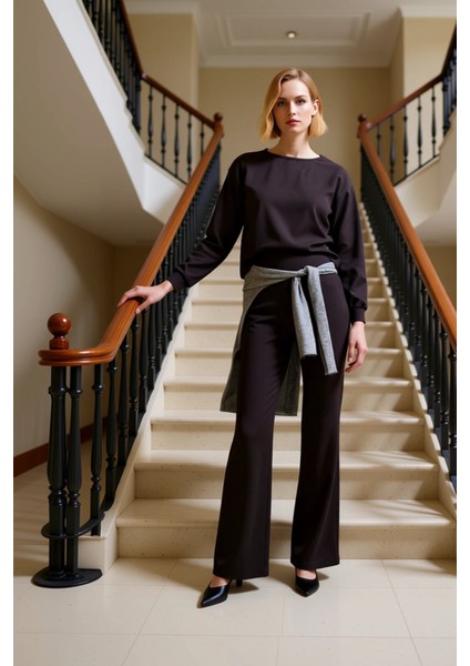 Kadın Alt Üst Regular Kalıp Kayık Yaka Uzun Kollu Örme Üst Ispanyol Paça Rahat Kesim Alt Takımı