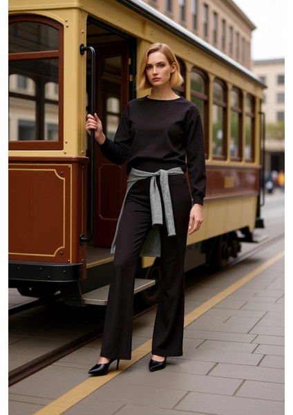 Kadın Alt Üst Regular Kalıp Kayık Yaka Uzun Kollu Örme Üst Ispanyol Paça Rahat Kesim Alt Takımı modelleri