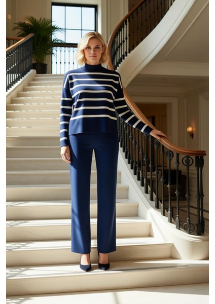 Kadın Alt Üst Çizgili Oversize Dik Yaka Triko Kazak Pantolon Ikili Takım Kış Günleri Konforlu Bir