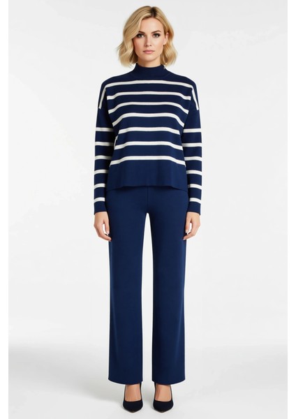 Kadın Alt Üst Çizgili Oversize Dik Yaka Triko Kazak Pantolon Ikili Takım Kış Günleri Konforlu Bir fırsatları