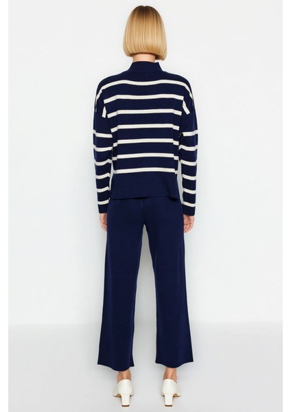 Kadın Alt Üst Çizgili Oversize Dik Yaka Triko Kazak Pantolon Ikili Takım Kış Günleri Konforlu Bir indirimleri