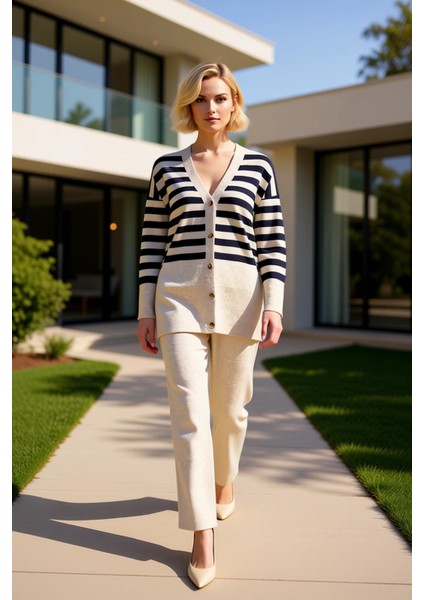 Şık Düğme Detaylı Jakar Çizgili Hırka ve Rahat Düz Paça Triko Pantolon Kadın Alt Üst Alt Üst Takımı fiyatları