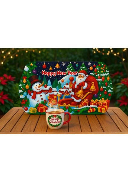 Yılbaşı Metal Sunum Tepsisi- Noel Baba ve Çam Ağacı Desenli Kahve Sunum ve Yeni Yıl Hediye Tepsisi