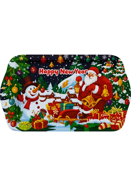 Yılbaşı Metal Sunum Tepsisi- Noel Baba ve Çam Ağacı Desenli Kahve Sunum ve Yeni Yıl Hediye Tepsisi fiyatları