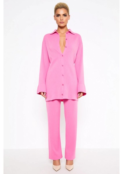 Kadın Alt Üst Rahat Kesim Düşük Kol Polo Yaka Triko Gömlek Yüksek Bel Geniş Paça Pantolon Takımı fırsatları