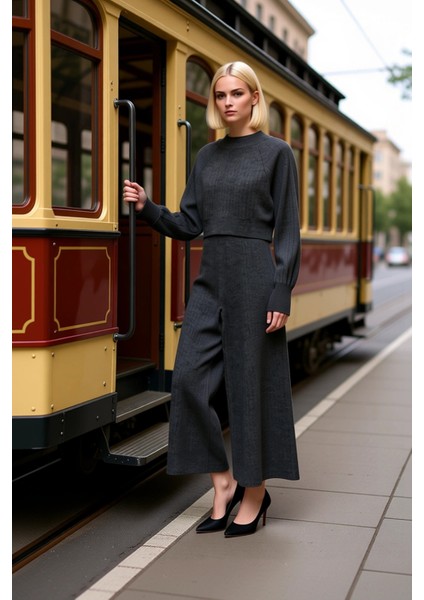 Kadın Alt Üst Modern Tasarım Dik Yaka Crop Triko Üst ve Uzun Boru Paça Triko Pantolon Takımı Rahat modelleri