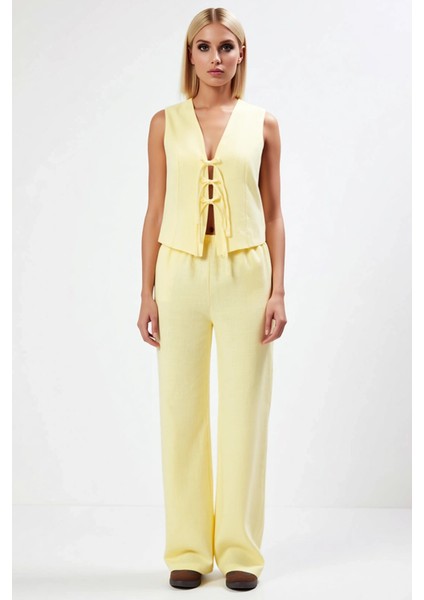 Kadın Alt Üst Keten Görünümlü V Yaka Kolsuz Bluz Yüksek Bel Geniş Paça Pantolon Takım fırsatları