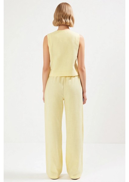 Kadın Alt Üst Keten Görünümlü V Yaka Kolsuz Bluz Yüksek Bel Geniş Paça Pantolon Takım indirimleri