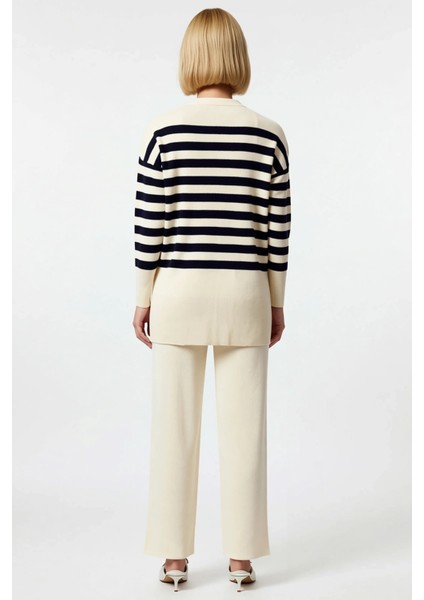 Şık Düğme Detaylı Jakar Çizgili Hırka ve Rahat Düz Paça Triko Pantolon Kadın Alt Üst Alt Üst Takımı indirimleri