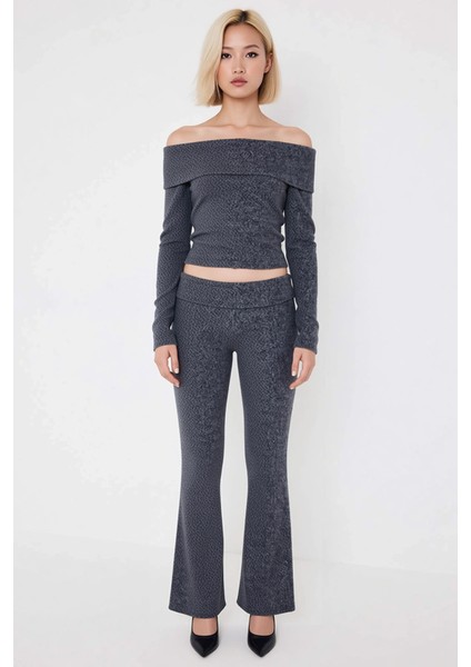 Kadın Alt Üst Açık Omuzlu Uzun Kollu Crop Örme Üst Beli Lastikli Ispanyol Paça Örme Pantolon Takımı fırsatları