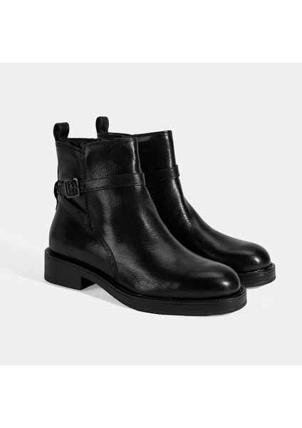 Kadın Siyah Ayarlanabilir Tokalı Deri Bot
