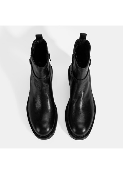 Kadın Siyah Ayarlanabilir Tokalı Deri Bot