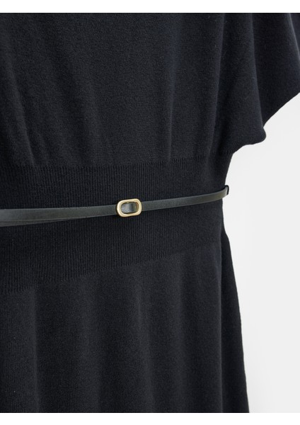 90266 Yün Karışımlı Kayık Yaka Kemerli Triko Elbise-Siyah