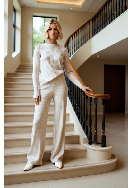 Kadın Alt Üst Fitilli Triko Alt Üst Takım Parmak Detaylı Uzun Kollu Bisiklet Yaka Konforlu Kombin