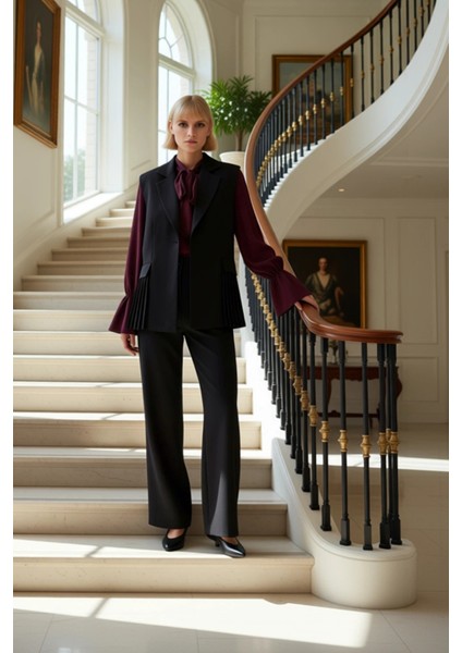 Kadın Alt Üst Uzun Kesim Piliseli Detaylı Dokuma Yelek Profesyonel Görünüm ve Konforlu Kullanım