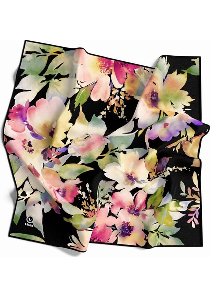 Kristal Büyük Çiçek Desenli Siyah Renkli 90X90 Eşarp (Ipek Içermez) Kenar Dikiş Şekli El Dikişli