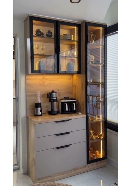 Vanmed Reflekte Cam Kapaklı Ledli Mdf Kahve Köşesi Dolabı 210*120*40