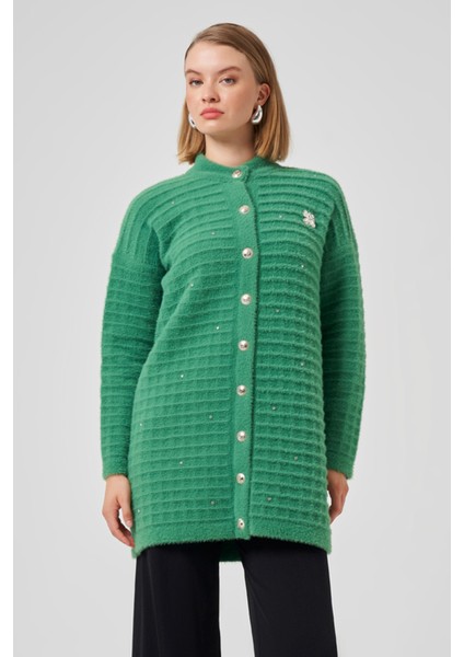 Taş ve Broş Detay Angora Hırka 7010 Yeşil