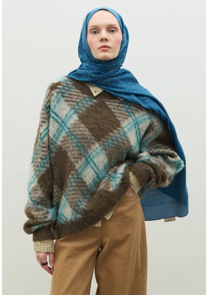 Monogram Pamuk Floş Jakarlı Şal Kot Mavi