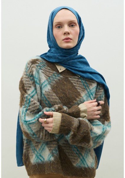 Monogram Pamuk Floş Jakarlı Şal Kot Mavi fiyatları