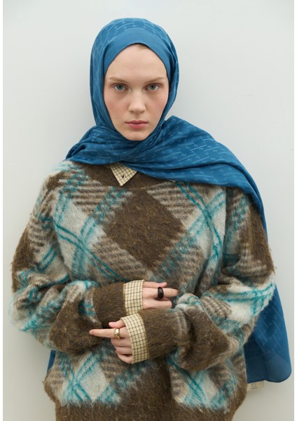 Monogram Pamuk Floş Jakarlı Şal Kot Mavi modelleri