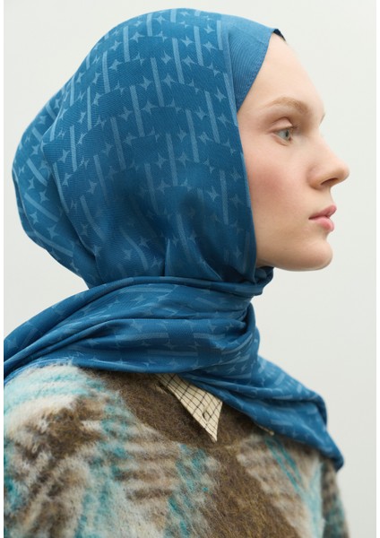 Monogram Pamuk Floş Jakarlı Şal Kot Mavi fırsatları