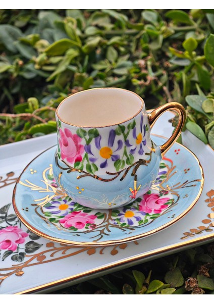 El Boyama Porselen Osmanlı Saray Kahve Fincanı-Bebe Mavi 1 Adet