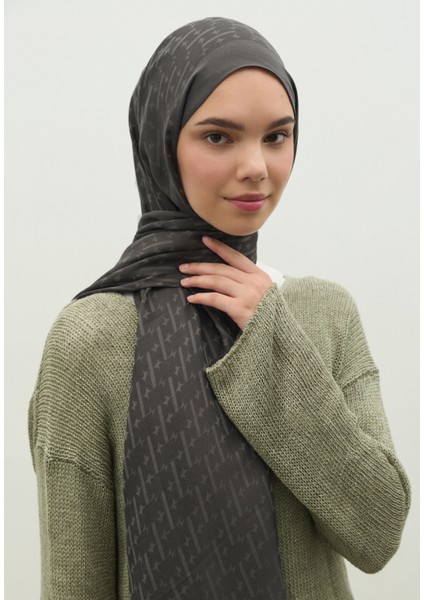 Monogram Pamuk Floş Jakarlı Şal Koyu Gri modelleri