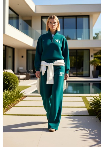 Genç Kız Nakış Detaylı Dik Yaka Yarım Fermuarlı Wideleg Geniş Paça Örme Eşofman Takımı Şık fiyatları