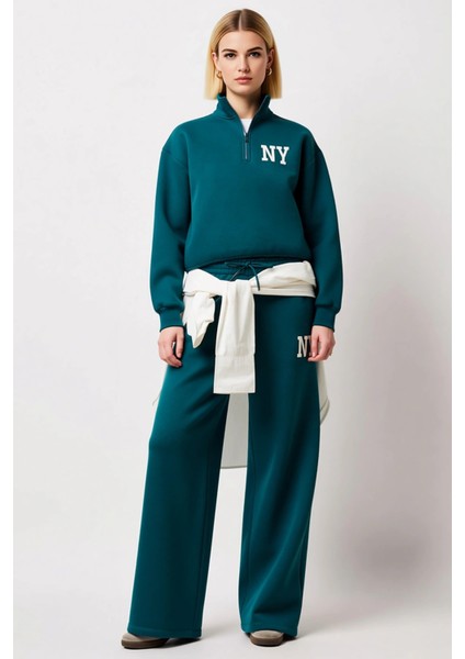 Genç Kız Nakış Detaylı Dik Yaka Yarım Fermuarlı Wideleg Geniş Paça Örme Eşofman Takımı Şık fırsatları