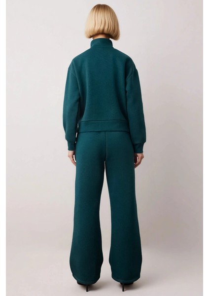 Genç Kız Nakış Detaylı Dik Yaka Yarım Fermuarlı Wideleg Geniş Paça Örme Eşofman Takımı Şık indirimleri