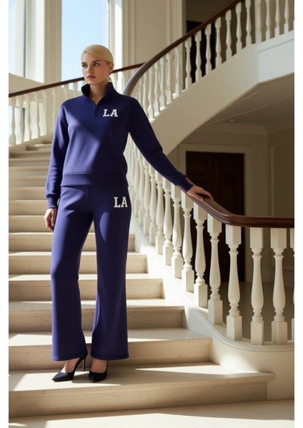 Genç Kız Nakış Detaylı Dik Yaka Yarım Fermuarlı Wideleg Geniş Paça Örme Eşofman Takımı Şık