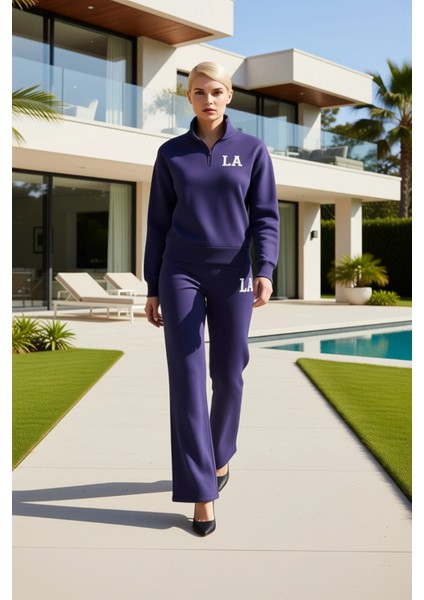 Genç Kız Nakış Detaylı Dik Yaka Yarım Fermuarlı Wideleg Geniş Paça Örme Eşofman Takımı Şık fiyatları