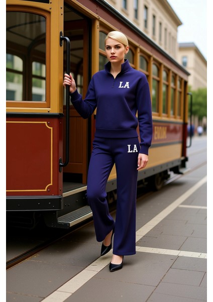 Genç Kız Nakış Detaylı Dik Yaka Yarım Fermuarlı Wideleg Geniş Paça Örme Eşofman Takımı Şık modelleri