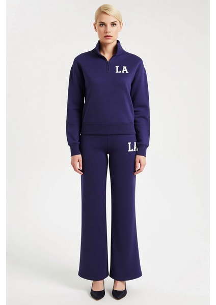 Genç Kız Nakış Detaylı Dik Yaka Yarım Fermuarlı Wideleg Geniş Paça Örme Eşofman Takımı Şık fırsatları