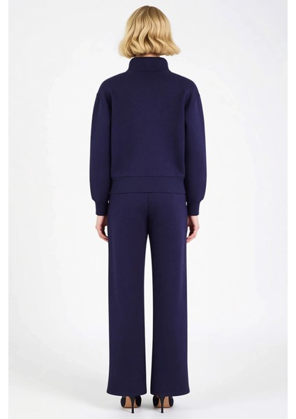 Genç Kız Nakış Detaylı Dik Yaka Yarım Fermuarlı Wideleg Geniş Paça Örme Eşofman Takımı Şık indirimleri