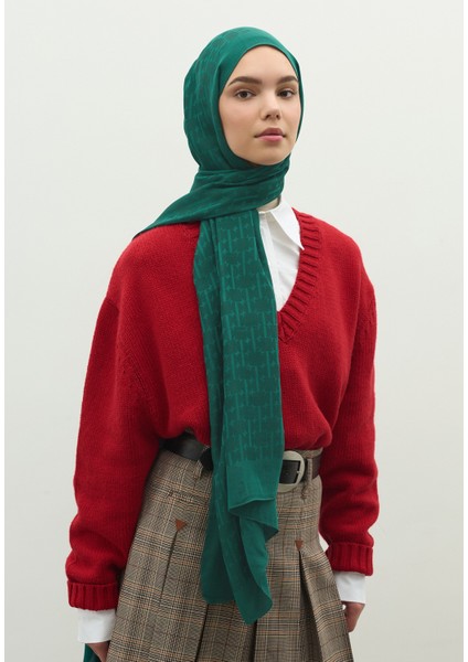 Monogram Pamuk Floş Jakarlı Şal Petrol