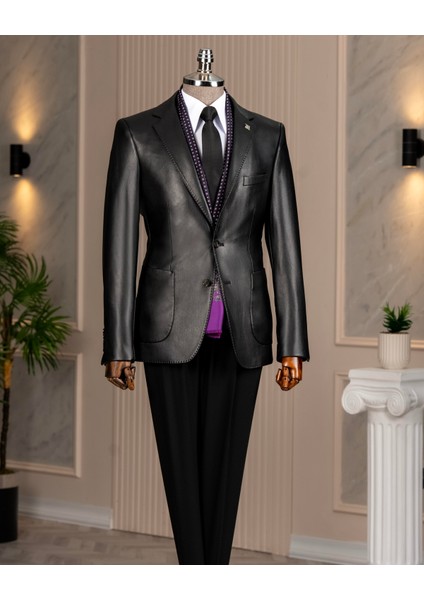 İtalyan stil slim fit erkek mono yaka suni deri ceket T10846