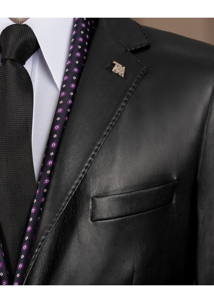 İtalyan stil slim fit erkek mono yaka suni deri ceket T10846