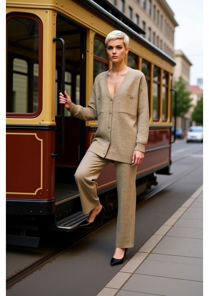 Kadın Alt Üst Düğmeli V Yaka Triko Hırka Pantolon Takımı Düşük Kol Geniş Paça Rahat Kesim Kaliteli modelleri