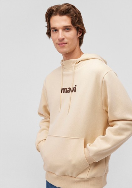Mavi Logo Baskılı Kapüşonlu Bej Sweatshirt 0610960-70003