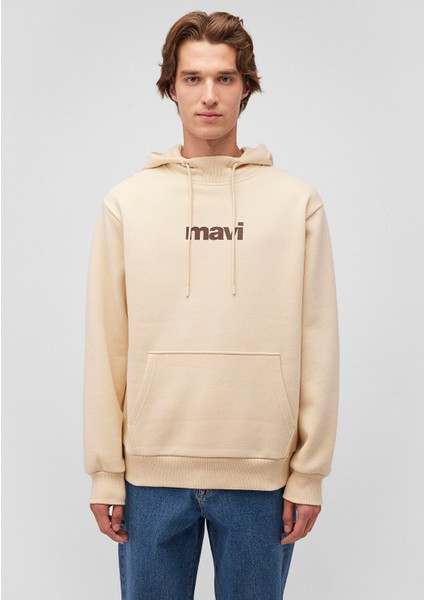 Mavi Logo Baskılı Kapüşonlu Bej Sweatshirt 0610960-70003